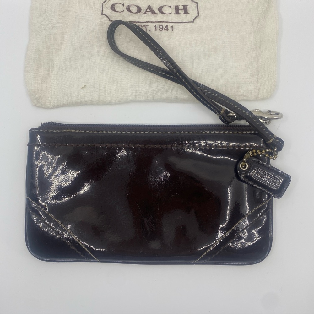 Coach patent leather shiny mocha brown plum wristlet zippered top mini bag